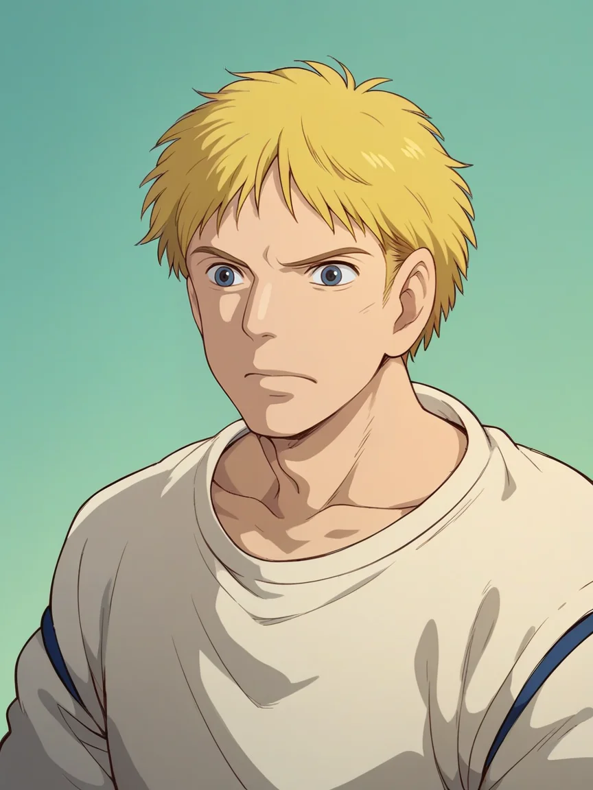 score_9, score_8_up, score_7_up, score_6_up, score_5_up, <lora:Ghibli2XLP:1> ghibli, solo, 1boy, blonde hair,