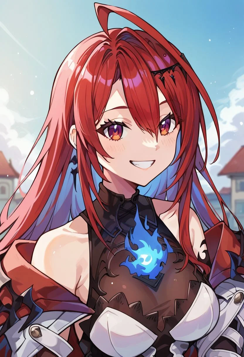 score_9, score_8_up, score_7_up, source_anime, 1girl, outdoors,
BREAK ,
red hair, red eyes, ahoge, blue fire,erb_main, asymmetrical gloves, asymmetrical dress, open jacket, off shoulder, white belt, upper body, smile, teeth,