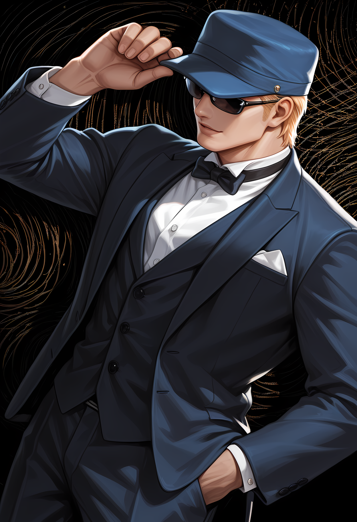 masterpiece, best quality, amazing quality, dutch angle, abstract background, BREAK
1boy, solo, male focus, kof_clark, blue trucker hat, blond hair, sunglasses, tuxedo, formal, bow tie, BREAK
<lora:cfg_scale_boost:.6>  <lora:Clark_Still_-_King_of_Fighters_-_ILXL:1>