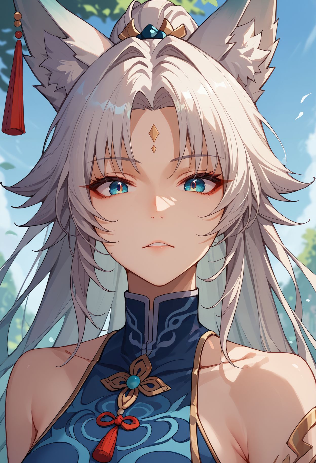 score_9,score_8_up,score_7_up,  <lora:feixiao_hrs_pdxl_goofy:1>feixiao-hsr, 1girl, female focus, animal ears, solo, long hair, forehead mark, fox ears, facial mark, parted bangs