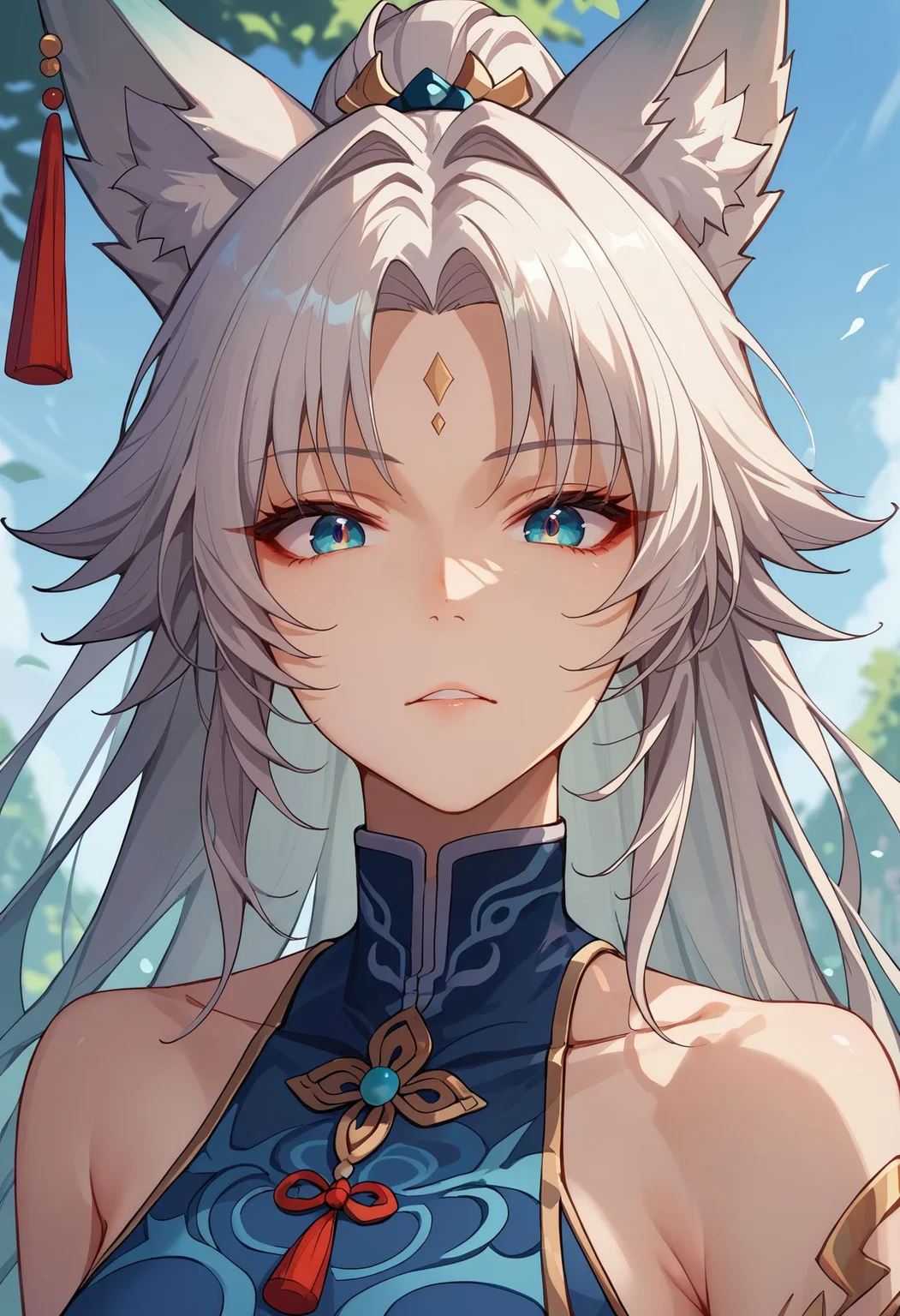 score_9,score_8_up,score_7_up,  <lora:feixiao_hrs_pdxl_goofy:1>feixiao-hsr, 1girl, female focus, animal ears, solo, long hair, forehead mark, fox ears, facial mark, parted bangs