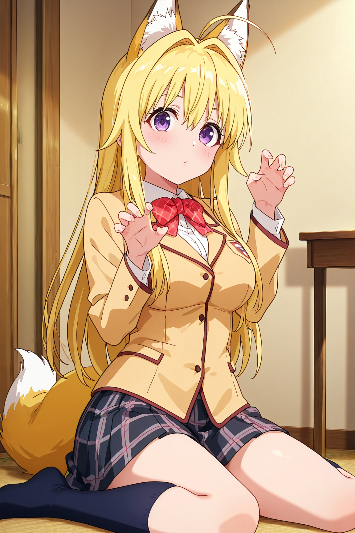 masterpiece, best quality, absurdres, highres, source anime, very aesthetic, BREAK, anime coloring, anime screencap, 
<lora:minamoto_chizuru_v1-illustrious:1>,1girl, minamoto chizuru, kanokon, purple eyes, fox ears, fox tail, blonde hair, long hair, large breasts,
school uniform, long sleeves, bow, plaid skirt, kneehighs,
BREAK, looking at viewer,  
BREAK,  claw pose, bored