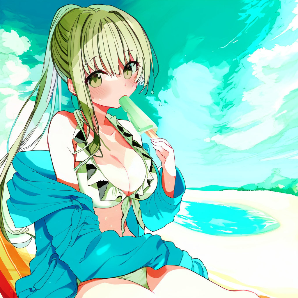 1girl, swimsuit, solo, breasts, bikini, food, green eyes, green hair, ponytail, white bikini, popsicle, cleavage, long hair, sitting, holding, frills, jacket, outdoors, holding food, off shoulder, bangs, day, blush, frilled bikini, bare shoulders, cloud, blue jacket