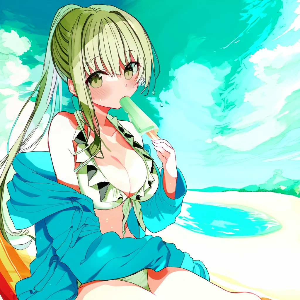 1girl, swimsuit, solo, breasts, bikini, food, green eyes, green hair, ponytail, white bikini, popsicle, cleavage, long hair, sitting, holding, frills, jacket, outdoors, holding food, off shoulder, bangs, day, blush, frilled bikini, bare shoulders, cloud, blue jacket