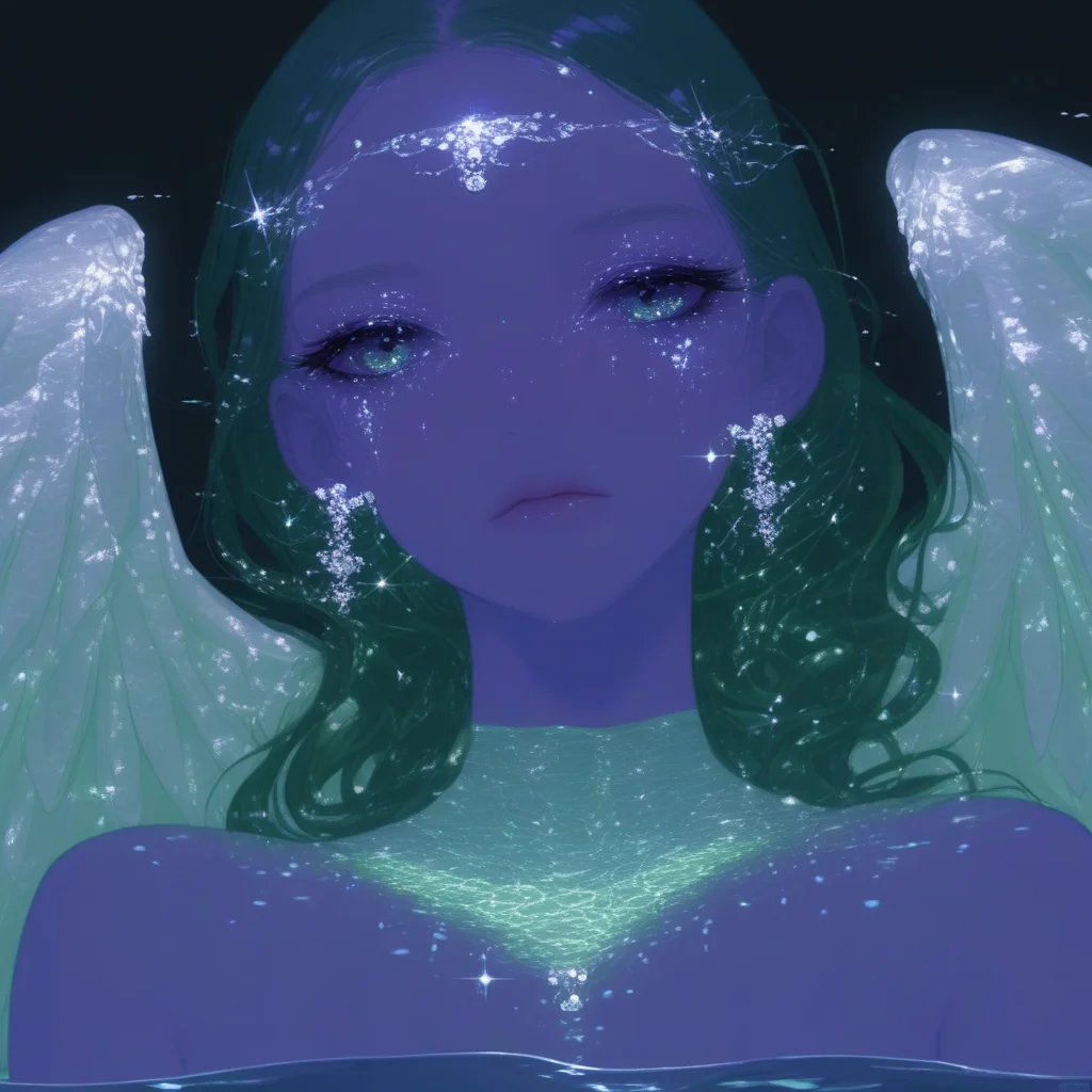 aaAR7gl,1girl,solo,wings,swim,parrtially submerrged,green theme, detailed eyes, water, sparkle, upper body, jewelry,