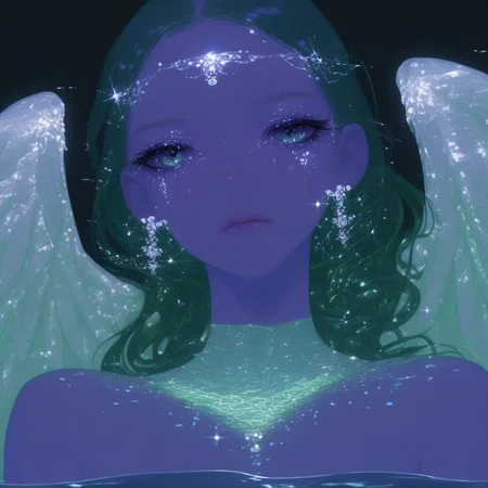 aaAR7gl,1girl,solo,wings,swim,parrtially submerrged,green theme, detailed eyes, water, sparkle, upper body, jewelry,