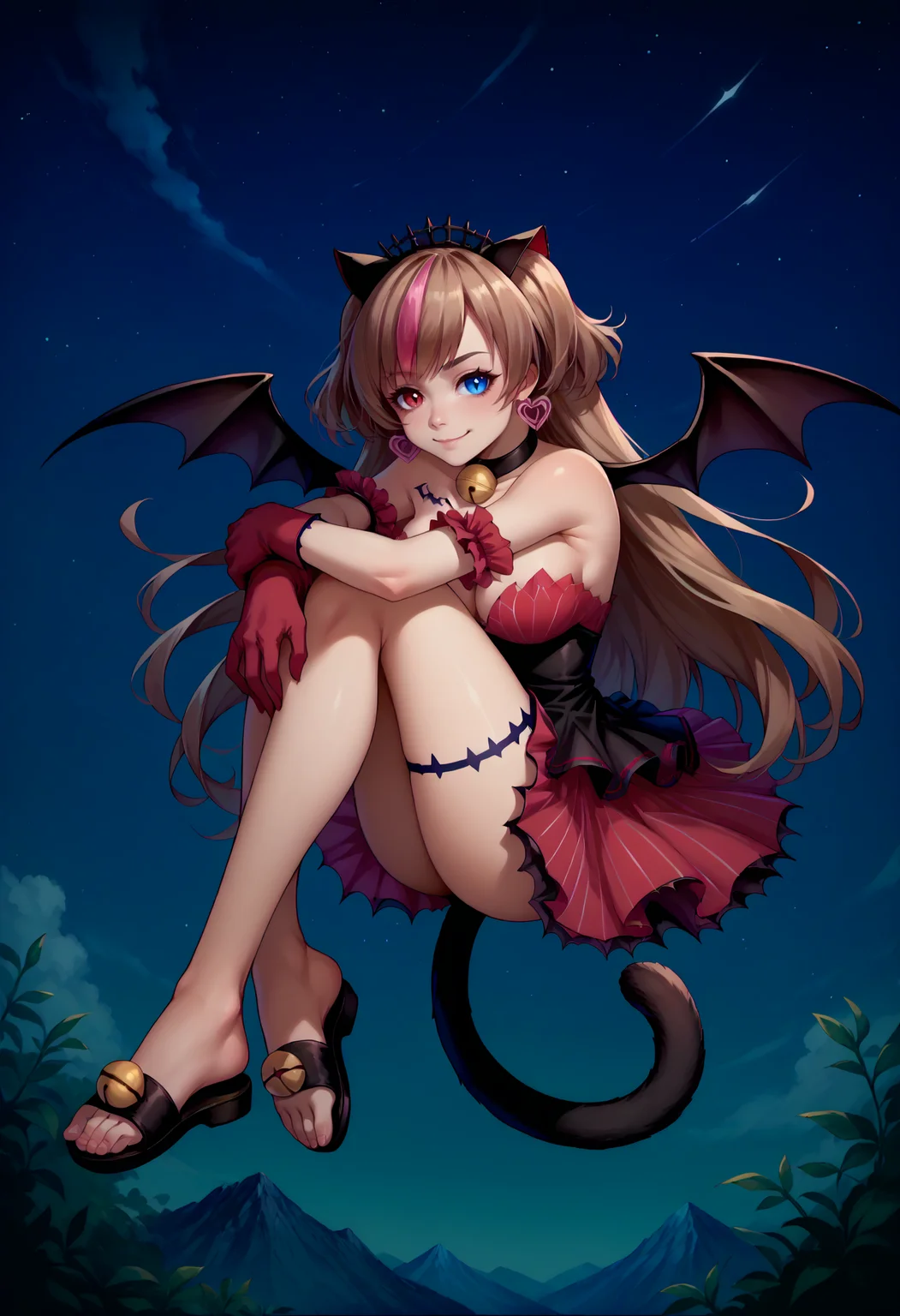 score_9,score_8_up,score_7_up,detailed,1girl,jelomk23is,medium breasts,full body,night,starry sky,flying,hugging own legs,dark enviroment,light brown hair,streaked hair,pink hair,fake animal ears,two side up,long hair,hairband,red eyes,heterochromia,blue eyes,heart earrings,neck bell,tattoo,bat wings,layered dress,red dress,cleavage,arm garter,red gloves,thigh strap,black sandals,cat tail,looking at viewer,smirk,<lora:MK23-JeloXL-000008:1>,