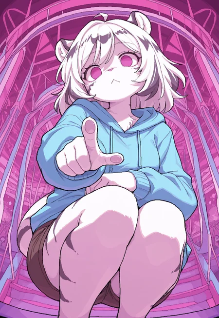 mindwave_style,( jaggy lines:0.6), oekaki, aliasing, saturated, pink theme, blue theme, exaggerated expression, 
1girl, hannah, long white hair, striped hair, furry, blue hoodie, brown shorts, looking afar, amusement park, theme park, rollercoaster, cubism, swirling background, dynamic pose, from below, squatting, legs together, solid pink eyes, empty eyes, foreshortening, pointing at viewer, finger pads, motion lines, ((looking at viewer)), head tilt, :<, (fisheye:0.4),
, good quality,