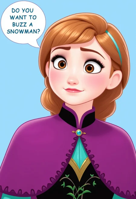 a high resolution film still from the animated film Frozen, Anna is looking at the viewer with a sad expression as she sings, above her is a speech bubble with the words: "Do you want to buzz a snowman?",
DisneyStudio, cartoon, Anna from Frozen, In the style of Frozen.