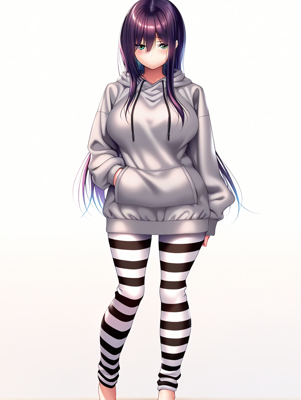 (masterpiece,best quality,ultra_detailed,highres,absurdres:1.2,amazing quality,very aesthetic),<lora:Himiyama Rei  ilxl_v1-000012:0.8>,rei\(Amakano 2\),1girl,solo,long hair,large breasts,green eyes,purple hair,standing,looking at viewer,white background,full body,barefoot,grey hoodie,striped clothes,striped pants,, (masterpiece,best quality,ultra_detailed,highres,absurdres:1.2,amazing quality,very aesthetic),Smooth Negative,