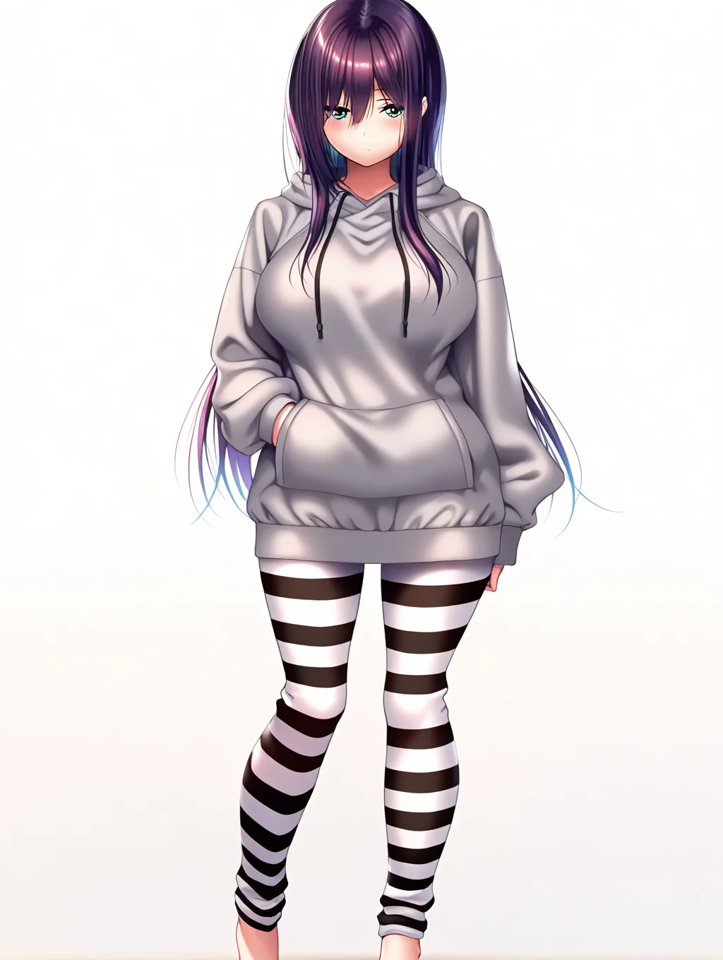 (masterpiece,best quality,ultra_detailed,highres,absurdres:1.2,amazing quality,very aesthetic),<lora:Himiyama Rei ilxl_v1-000012:0.8>,rei\(Amakano 2\),1girl,solo,long hair,large breasts,green eyes,purple hair,standing,looking at viewer,white background,full body,barefoot,grey hoodie,striped clothes,striped pants,, (masterpiece,best quality,ultra_detailed,highres,absurdres:1.2,amazing quality,very aesthetic),Smooth Negative,