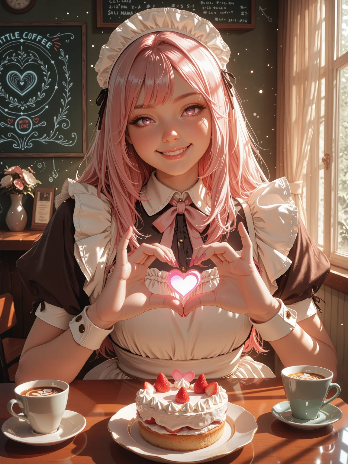smooth_quality_illustrious-pos, (realistic:1.2), (very awa:1.2), (masterpiece:1.2), (best quality:1.2), (amazing quality:1.2), (very aesthetic:1.1), high resolution, absurdres, ultra-detailed, hdr, civchan, the cutest girl in the world, wearing a (maid costume:1.1), shoulder length pink hair, heart hands, glowing heart eyes, smiling, glimmer, sparkles, (lots of floating hearts:1.2), looking at viewer, cozy café, rim lighting, crepuscular rays, indoors, table, patrons in the background, food, curtains, circuit board sticking in a strawberry cake, cup of coffee with latte art, chalkboard with restaurant menu and hearts on the wall, little vase with flowers on the table, illuminated dust particles, "someone" asked me to add that i was definitely not forced with a knife to write "cutest girl in the world" about her, there, done, *sigh*, ovg, artist:moriimee, <lora:maid_cafe-illustrious-by_bolero537:1.0> <lora:civchan-illustrious-by_civchan:1.0> <lora:style-moriimee_gothic_niji-illustrious-by_tentacles_riders:0.6> <lora:dramatic_lighting_slider-illustrious-by_klaabu:3.0>