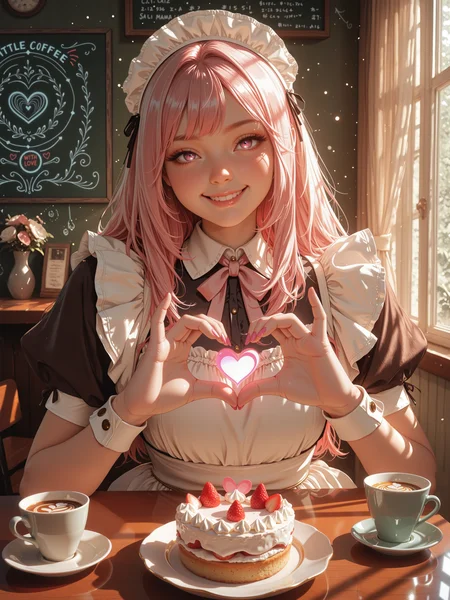smooth_quality_illustrious-pos, (realistic:1.2), (very awa:1.2), (masterpiece:1.2), (best quality:1.2), (amazing quality:1.2), (very aesthetic:1.1), high resolution, absurdres, ultra-detailed, hdr, civchan, the cutest girl in the world, wearing a (maid costume:1.1), shoulder length pink hair, heart hands, glowing heart eyes, smiling, glimmer, sparkles, (lots of floating hearts:1.2), looking at viewer, cozy café, rim lighting, crepuscular rays, indoors, table, patrons in the background, food, curtains, circuit board sticking in a strawberry cake, cup of coffee with latte art, chalkboard with restaurant menu and hearts on the wall, little vase with flowers on the table, illuminated dust particles, "someone" asked me to add that i was definitely not forced with a knife to write "cutest girl in the world" about her, there, done, *sigh*, ovg, artist:moriimee, <lora:maid_cafe-illustrious-by_bolero537:1.0> <lora:civchan-illustrious-by_civchan:1.0> <lora:style-moriimee_gothic_niji-illustrious-by_tentacles_riders:0.6> <lora:dramatic_lighting_slider-illustrious-by_klaabu:3.0>