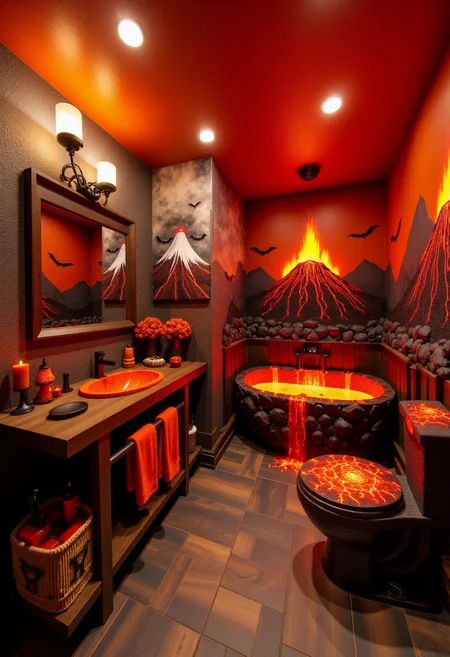 <lora:Custom_Bathroom_Crafter_FLUX-000013:0.8>
This is a photograph of a rustic, volcano themed bathroom, with red lava details, volcano shaped bathtub, and lava toilet.