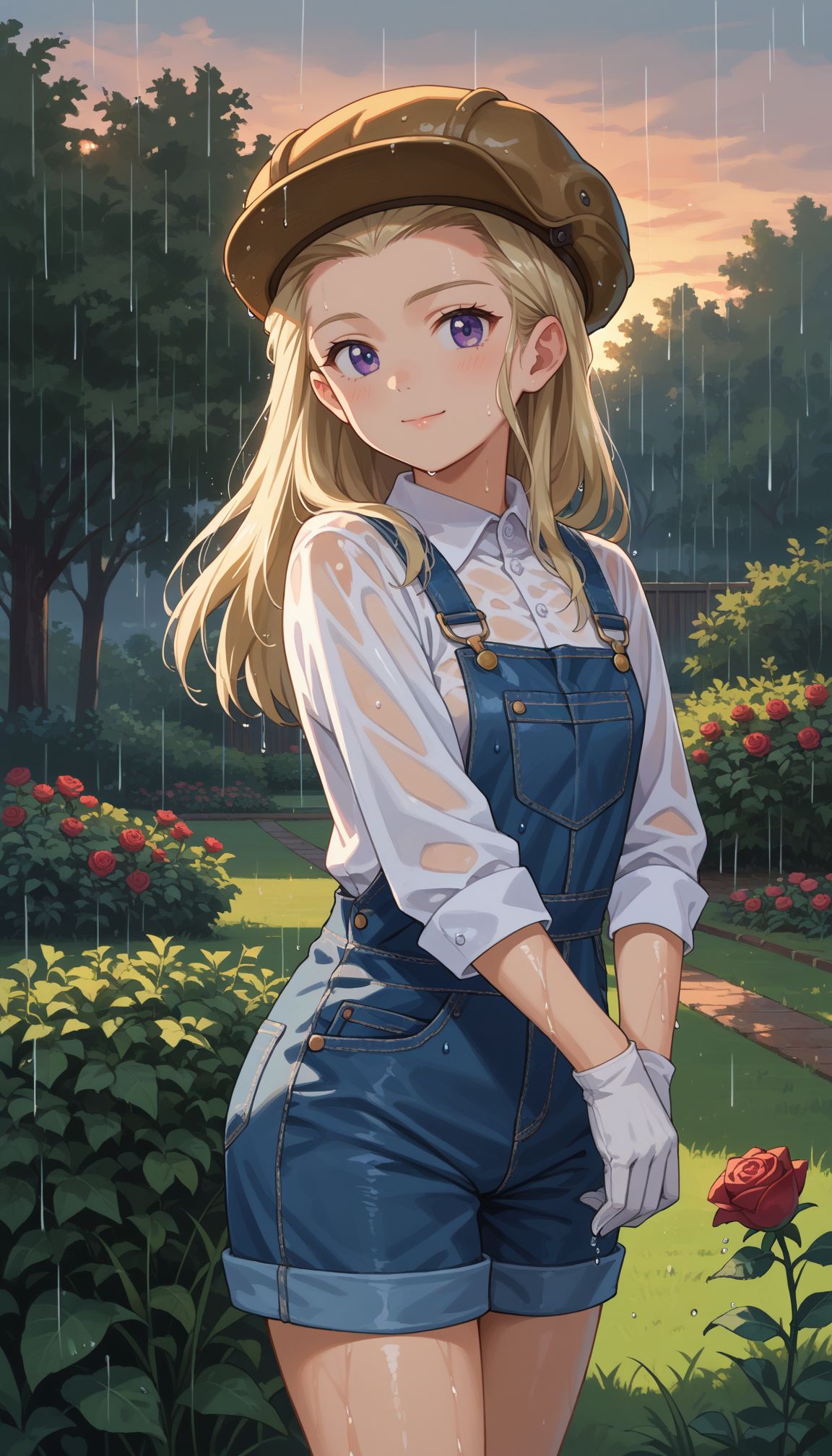 score_9, score_8_up, score_7_up, source_anime, 
,   <lora:Gup Klara:1> 1girl, blonde hair, long hair, blue eyes, overalls, overall shorts, long sleeves, bow, outdoors, garden, sunset, bush, hydrangea, (rain), wet, from side, cowboy shot, purple eyes, white gloves, cabbie hat, grass, flower, rose, wet clothes, wet hair, wet shirt, smile, closed mouth