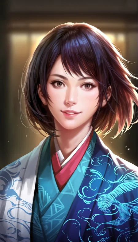 score_9,score_8_up,score_7_up,
realistic,highly detailed,highres,<lora:naotoraIi:0.8>,naotora ii,
1girl,solo,black hair,short hair,bangs,
brown eyes,looking at viewer,smile,parted lips,
kimono,layered blue and orange fabric with yellow accents,intricate patterns,
portrait,front view,
simple background,
blurry background,