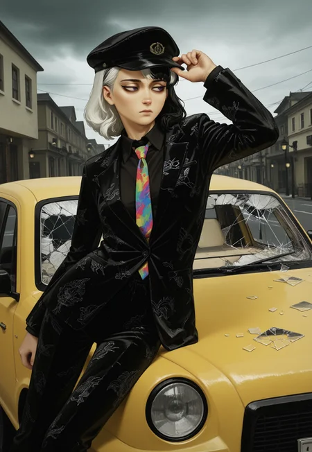 solo, [street], on car, taxi, (leaning to side), broken glass, shattered glass, glass shards, adjusting_headwear, expressionless, averting eyes,
velour suit, black suit, skinny, (colorful_necktie:1.3), split-color hair, medium hair, straight hair,
photo_background, overcast, street lantern,
(kornod:0.7), realistic, 3d,
masterpiece, absurdres, newest, [dynamic pose]