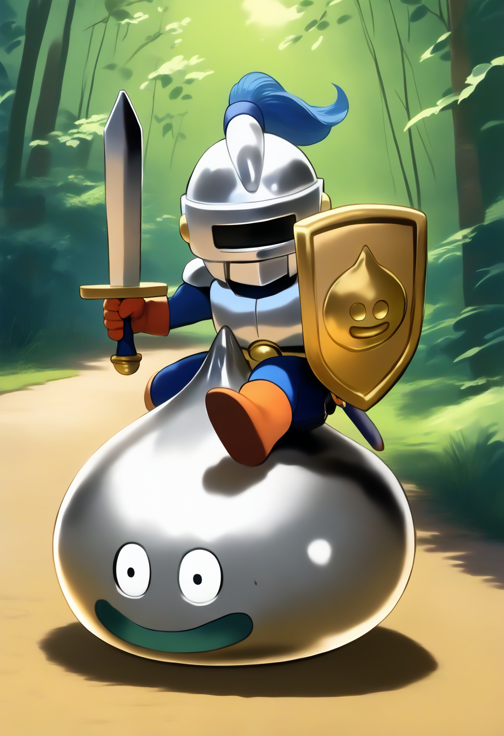 score_9,score_8_up,score_7_up,best quality,masterpiece,super detailed,extreme detailed,full_body,zPDXL BREAK forest,night,
<lora:Pony_DetailV2.0:1>,slime knight,slime_(dragon_quest),armor,helmet,holding shield,holding sword,knight,<lora:slime knight:1>,sketch,sleeping,closed eyes,