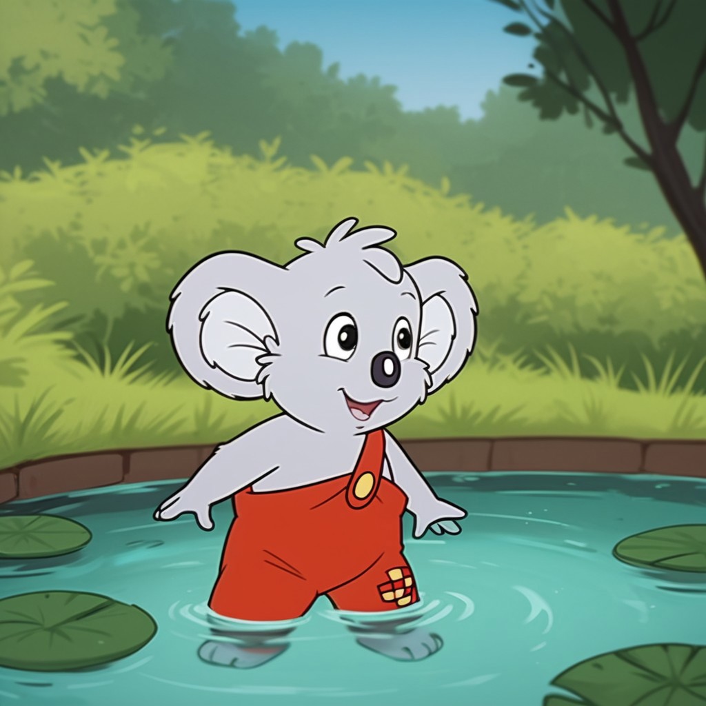 score_9, score_8_up, score_7_up, score_6_up, score_5_up, score_4_up, source_furry, Blinkybb, semi-anthro, male, Koala, grey fur, red overalls,  outside, wading, in a pond
