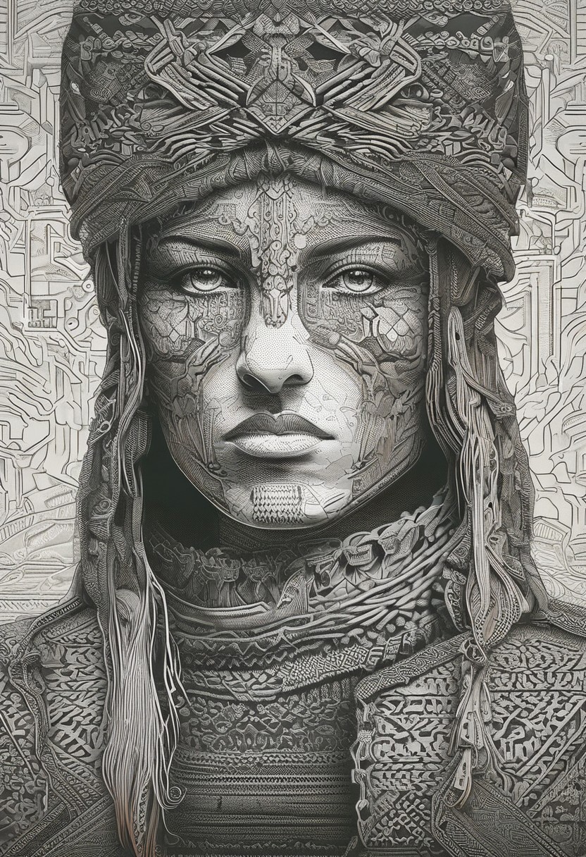 in the style of ck-mgs, nistyle, closeup portrait of barbarian amazon woman, female assassin, in leather armour, dark cloak, in an ancient fantasy village, silhouetted, chiascuro, dynamic, one side of her face illuminated, direct gaze