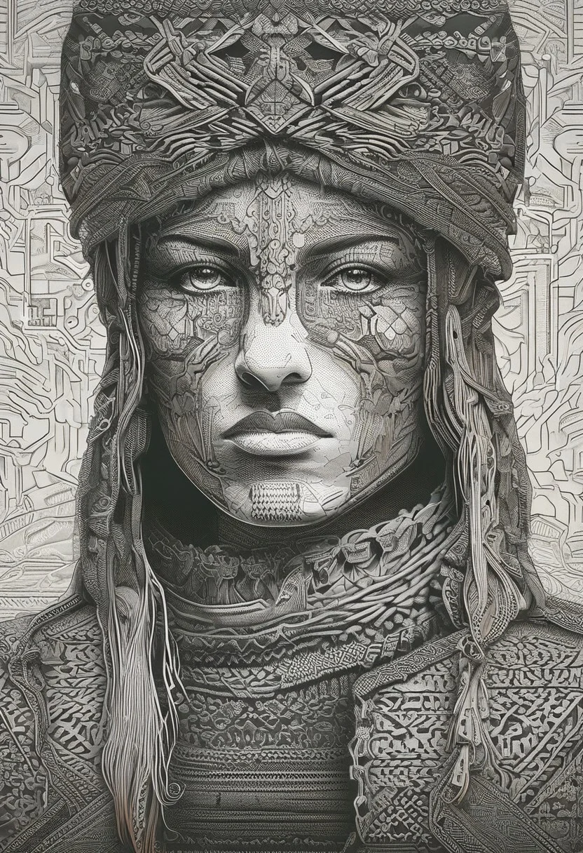 in the style of ck-mgs, nistyle, closeup portrait of barbarian amazon woman, female assassin, in leather armour, dark cloak, in an ancient fantasy village, silhouetted, chiascuro, dynamic, one side of her face illuminated, direct gaze