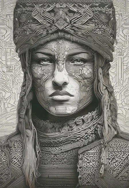 in the style of ck-mgs, nistyle, closeup portrait of barbarian amazon woman, female assassin, in leather armour, dark cloak, in an ancient fantasy village, silhouetted, chiascuro, dynamic, one side of her face illuminated, direct gaze