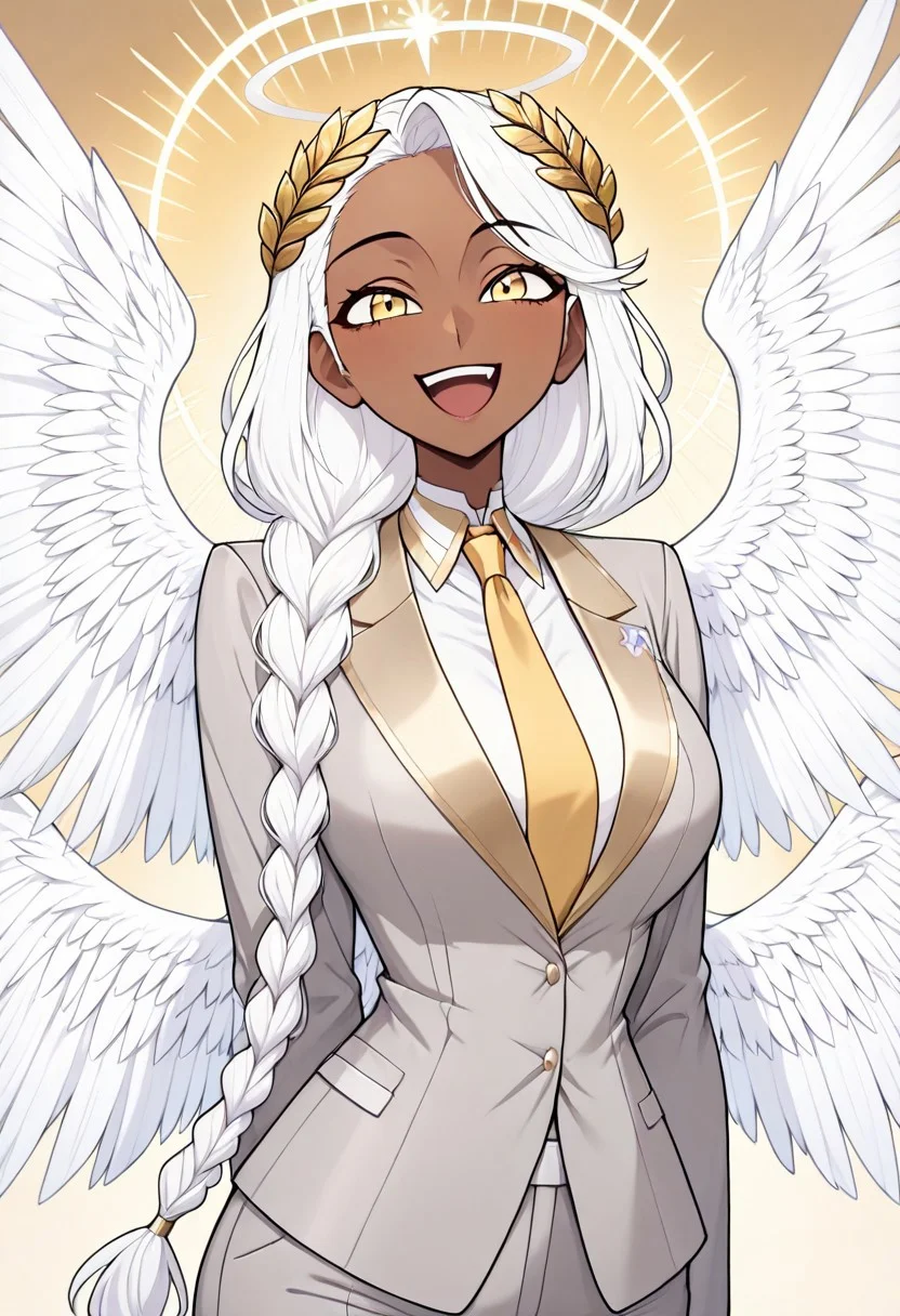 masterpiece, best quality, newest, absurdres, highres,
INFMixV1.0,
1girl, dark skin, dark-skinned female, grey suit, suit official attire, official clothes, nectie, yellow necktie, white hair, long hair, braid, single braid, angel, angel girl, halo, wings, angel wings, smile, happy, open eyes, golden eyes, laurel crown, mature, mature female,
