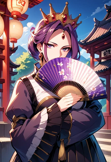 score_9,score_8_up,score_7_up,source_anime, Mirellia Q Melromarc,1girl,solo,dress,holding,jewelry,purple eyes,purple hair,earrings,puffy sleeves,parody,crown,hand fan,covering mouth,folding fan,