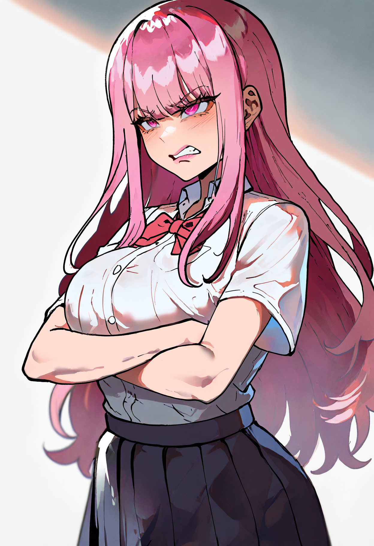 1girl,solo,gyaru,<lora:nyantcha nai 3.0:1>,th1ccw1thaq style,school uniform,summer uniform,medium breasts,long hair,pink hair,pink eyes,bangs,frown,clenched teeth,standing,crossed arms,masterpiece,best quality,(newest:1.1),highres,depth of field,