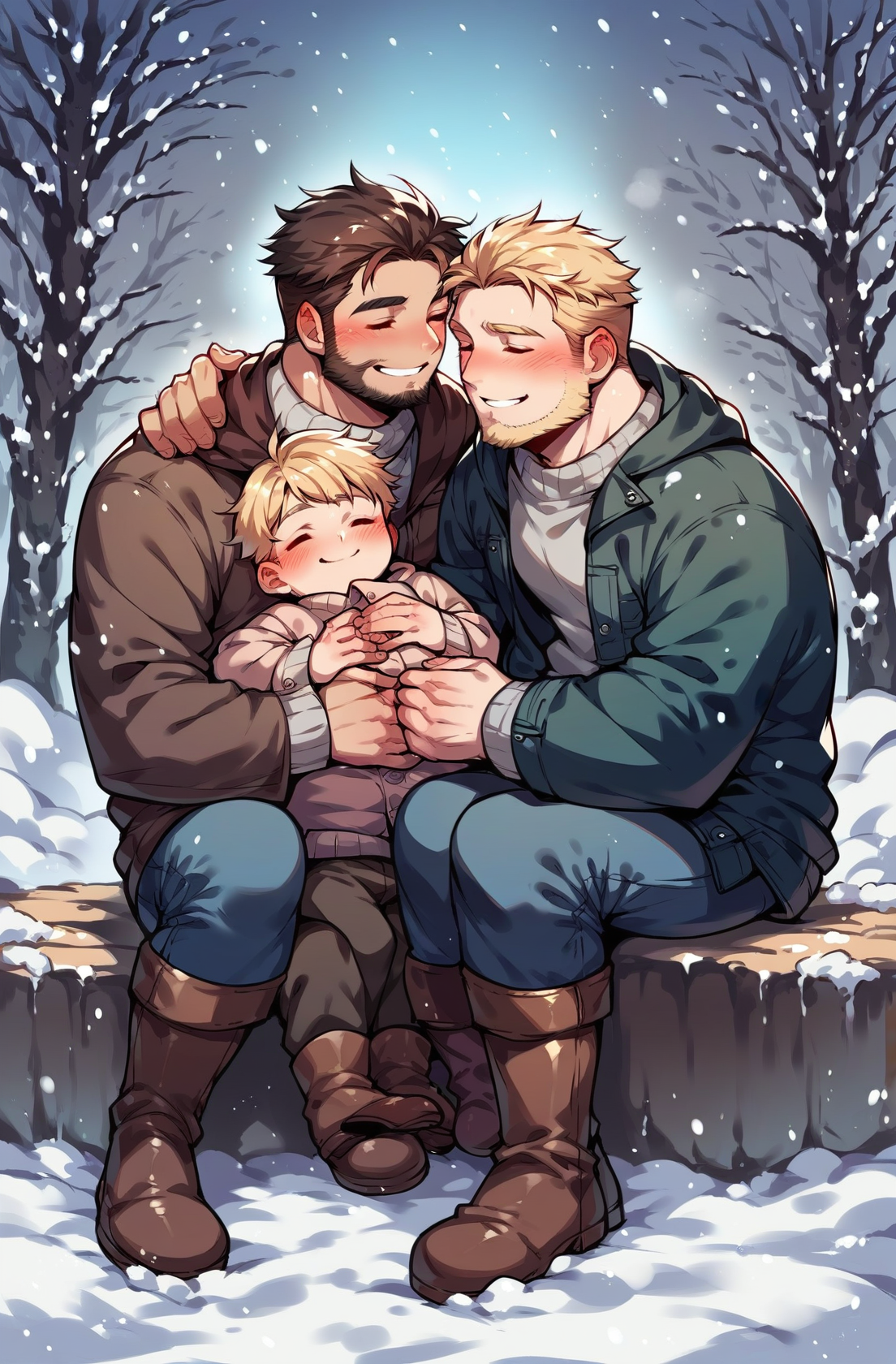 score_9,score_8_up,score_7_up,score_6_up,score_5_up,score_4_up 1girl,blush,smile,blonde hair,brown hair,1boy,sitting,closed eyes,male focus,boots,multiple boys,2boys,hug,facial hair,aged down,child,beard,snow,snowing,stubble,animification,winter,father and daughter,father and son <lora:Smooth Anime 2 Style SDXL_LoRA_Pony Diffusion V6 XL:0.8>