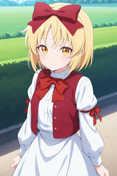 absurdres, highres, masterpiece, best quality, amazing quality, official anime artwork, screencap, anime screencap, outdoors, looking at viewer, 
 <lora:Mugetsu_Illustrious:1> mugetsu, yellow eyes, blonde hair, short hair, small breasts,, hair bow, red bow, red bowtie, red vest, open vest, white shirt, puffy long sleeves, sleeve ribbon, white skirt,