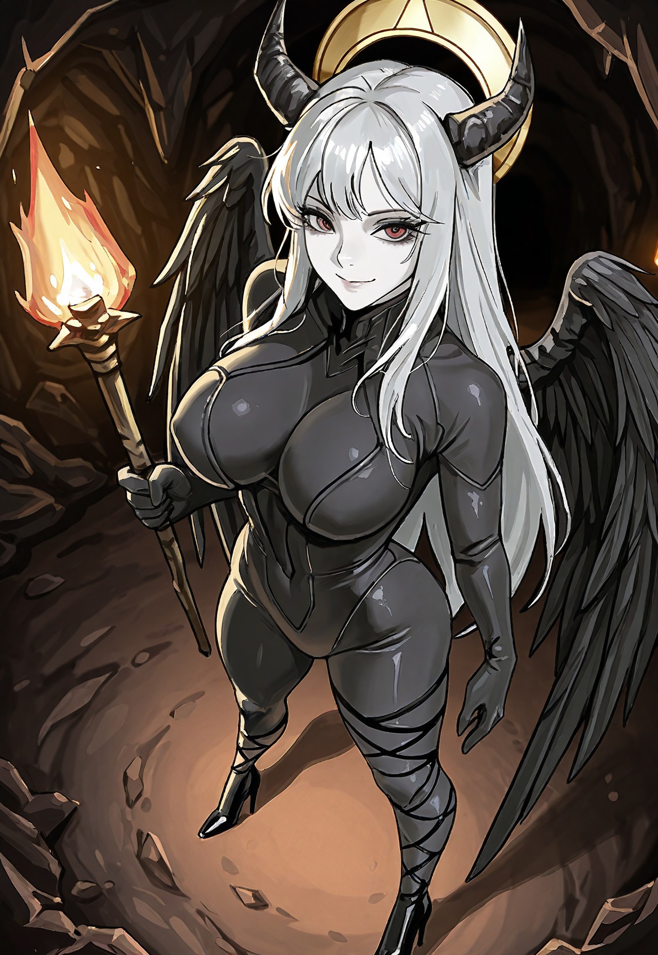 anime coloring, new, masterpiece, best quality, 1girl, solo, from above, close-up, from side, close-up, fehuhear, demon girl, pale skin, black wings, feathered wings, silver hair, long hair, demon horns, red eyes, long legs, curvy, large breasts, standing, provocative pose, looking at viewer, smile, eyelashes, lewd look, dark place, cave, torch light, black bodysuit, impossible clothes, black footwear, high heels, asymmetrical legwear, laced-up legwear, attached footwear, golden halo, dark art, fantasy medieval style, fear and hunger theme, black gloves