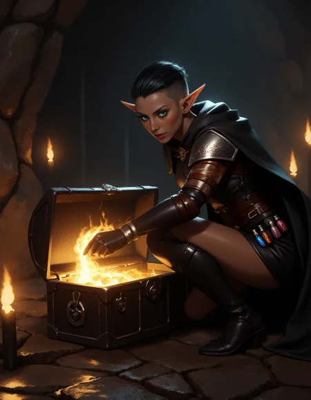 Ultra-realistic full body shot of a female elf rogue, aibell_sr, kneeling as she unlocks a treasure chest glowing with golden light from within. She has short black hair with a shaved side undercut, longer strands falling to her chin, and striking blue eyes. Her long, pointed elven ears are sharply detailed. She wears dark, form-fitting leather armor, accented with intricate straps, high-heeled boots, and a black cloak flowing behind her. Around her waist is a belt packed with small, colorful potion bottles. Her detailed skin shows subtle pores and texture, catching the warm torchlight that illuminates the dark cave around her. The atmosphere is shadowy and tense, with the soft glow of torches flickering on the stone walls, highlighting her focused expression and the glint of the treasure inside the chest. The scene captures her stealth and precision in the midst of a heist, her posture both agile and confident. <lora:Aibell_flux:1>, <lora:dark_fantasy_flux:1>