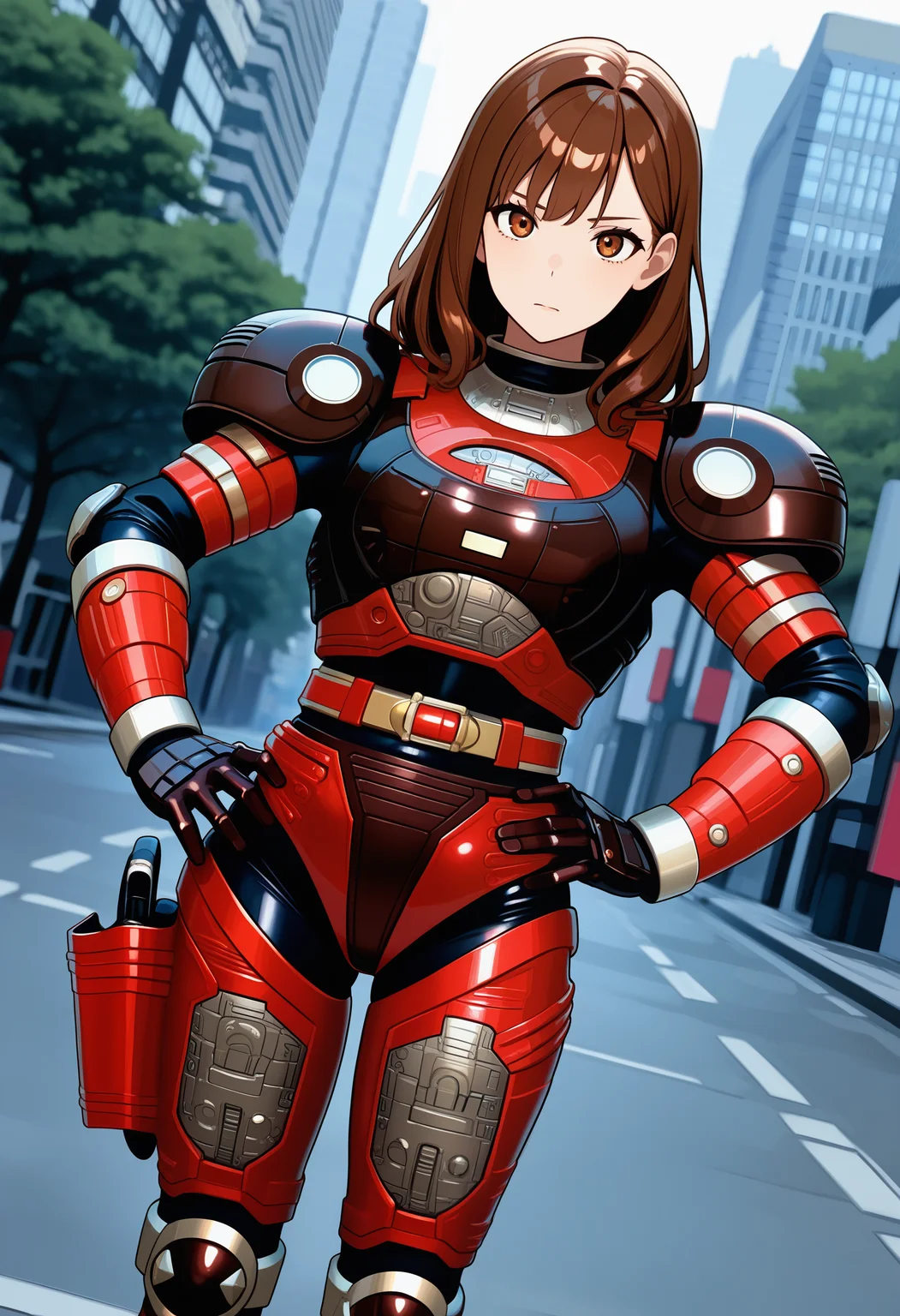 1girl, solo, R3ddle, armor, bodysuit, shoulder pad, gloves, belt, kneepad, holster, brown hair, brown eyes, cowboy shot, dutch angle, looking at viewer, shiny clothes, hand on hip,
outdoors, city,
best quality, very aesthetic, masterpiece,