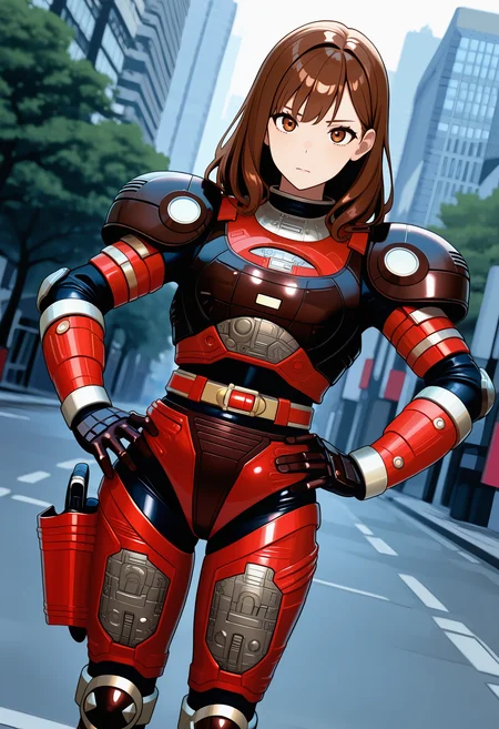 1girl, solo, R3ddle, armor, bodysuit, shoulder pad, gloves, belt, kneepad, holster, brown hair, brown eyes, cowboy shot, dutch angle, looking at viewer, shiny clothes, hand on hip,
outdoors, city,
best quality, very aesthetic, masterpiece,