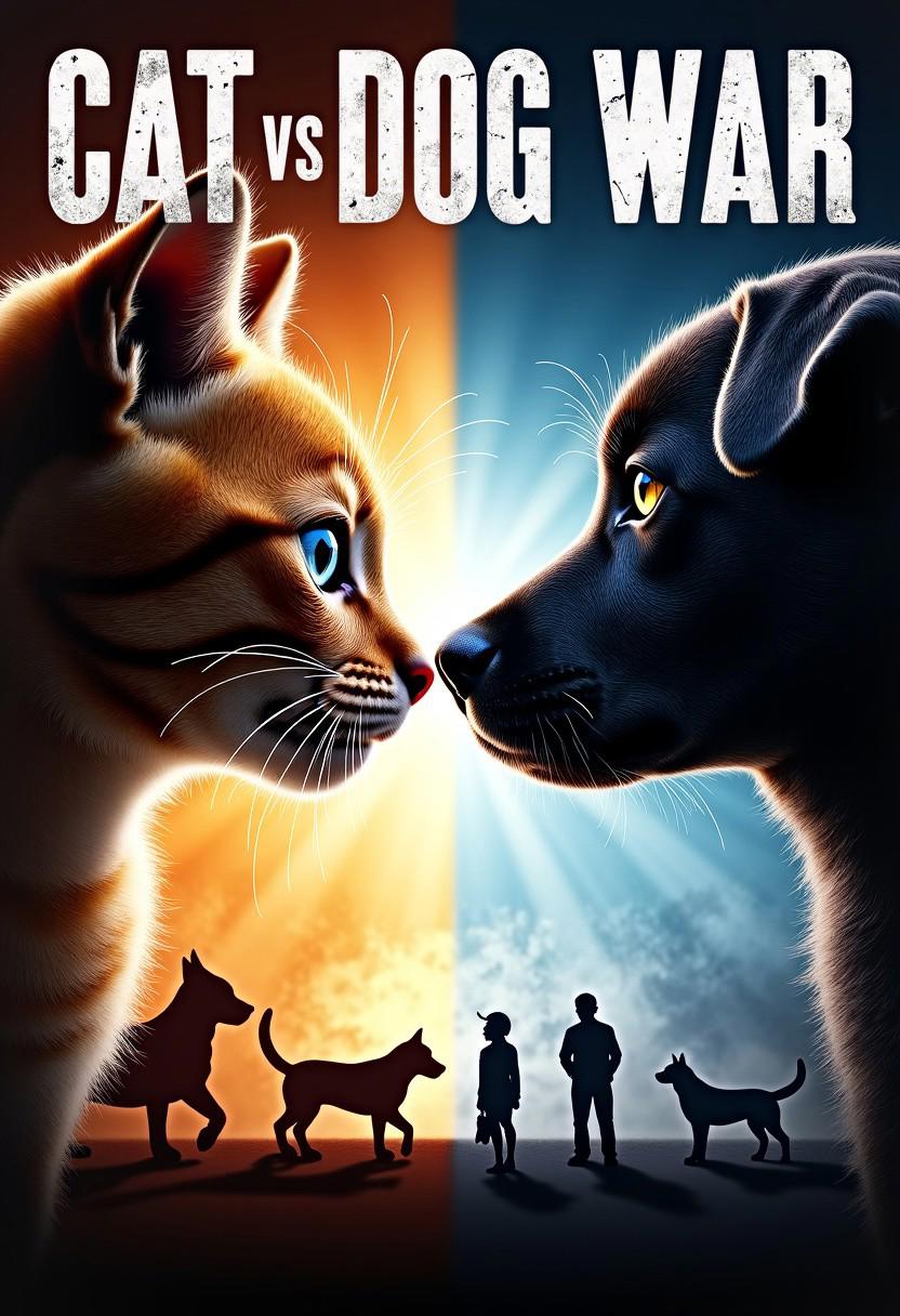 Movie poster for 'Cat vs Dog War'. Close-up of a cat and dog facing each other, their eyes locked in an intense stare. Anthropomorphized features, showing emotions of rivalry and determination. Dramatic lighting emphasizes the contrast between them. Background split into two halves: one side represents feline world, the other canine world, with silhouettes of their respective allies. Bold title 'CAT VS DOG WAR' across the top in a cracked, battle-worn font. Hyper-realistic style with vibrant colors.