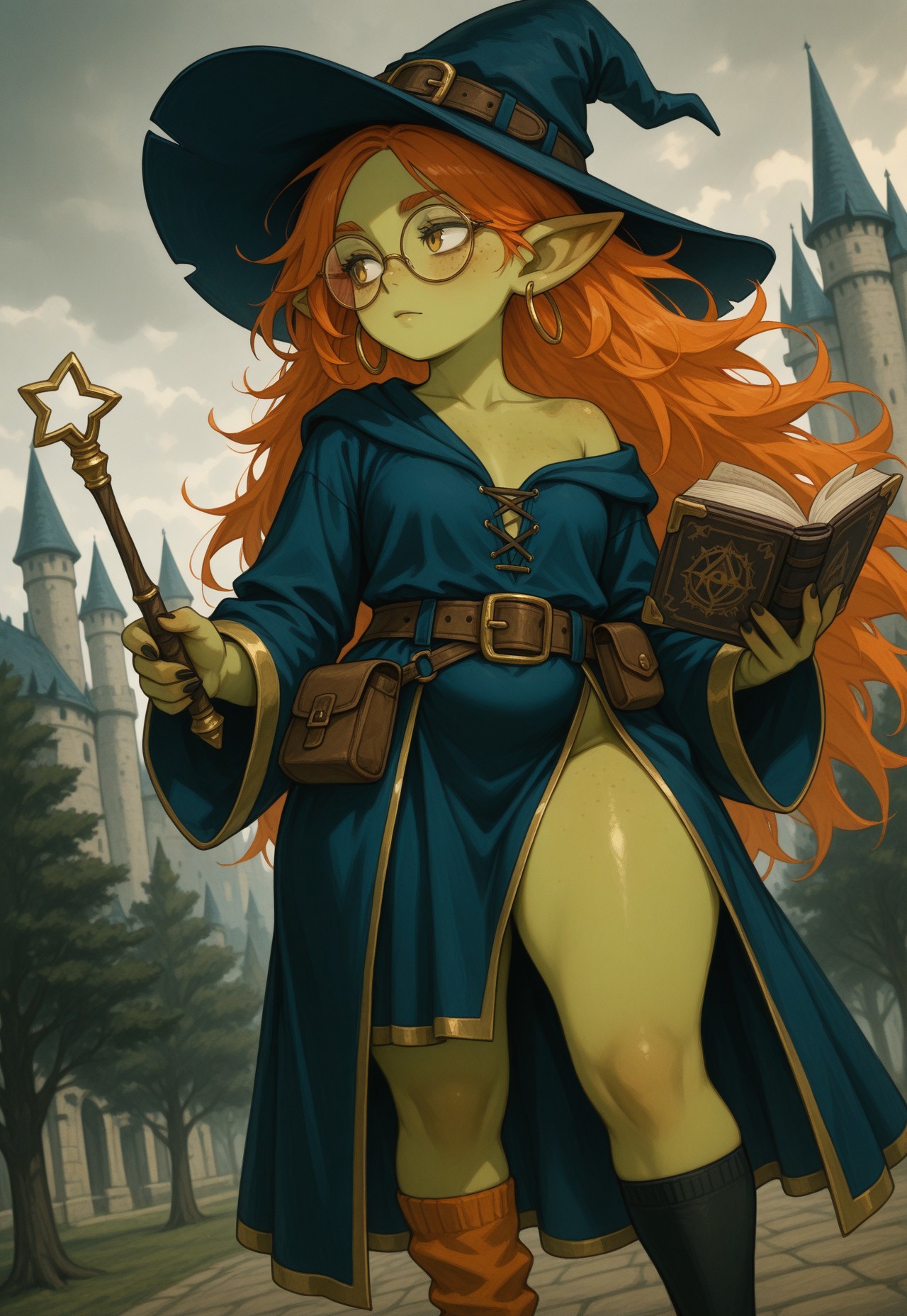 masterpiece, best quality, traditional media, heavy film grain, DFGPT, gothic, 1girl, solo, female goblin, colored skin, green skin, pointy ears, hoop earrings, orange hair, very long hair, messy hair, floating hair, big round glasses, freckles, petite, plump legs, thick thighs, witch hat, short robe, blue robe, gold trim, single bare shoulder, collarbone, belt, belt pouch, mismatched socks, very long sleeves, looking to the side, holding wand, holding book, outdoors, castle, tree, cloudy sky, dramatic lighting, warm lighting, close shot, dynamic angle, sharp shading, intricate details.