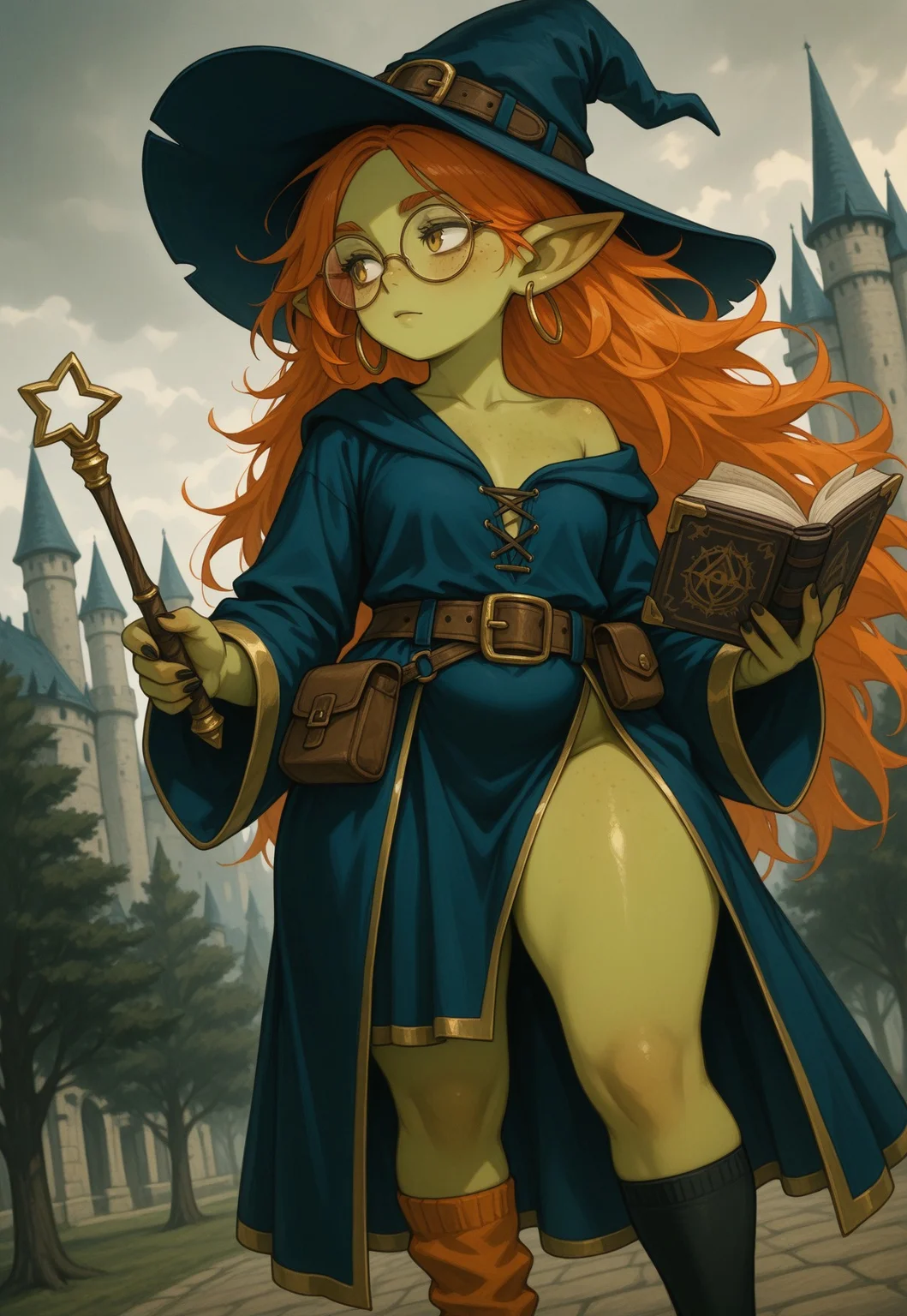 masterpiece, best quality, traditional media, heavy film grain, DFGPT, gothic, 1girl, solo, female goblin, colored skin, green skin, pointy ears, hoop earrings, orange hair, very long hair, messy hair, floating hair, big round glasses, freckles, petite, plump legs, thick thighs, witch hat, short robe, blue robe, gold trim, single bare shoulder, collarbone, belt, belt pouch, mismatched socks, very long sleeves, looking to the side, holding wand, holding book, outdoors, castle, tree, cloudy sky, dramatic lighting, warm lighting, close shot, dynamic angle, sharp shading, intricate details.