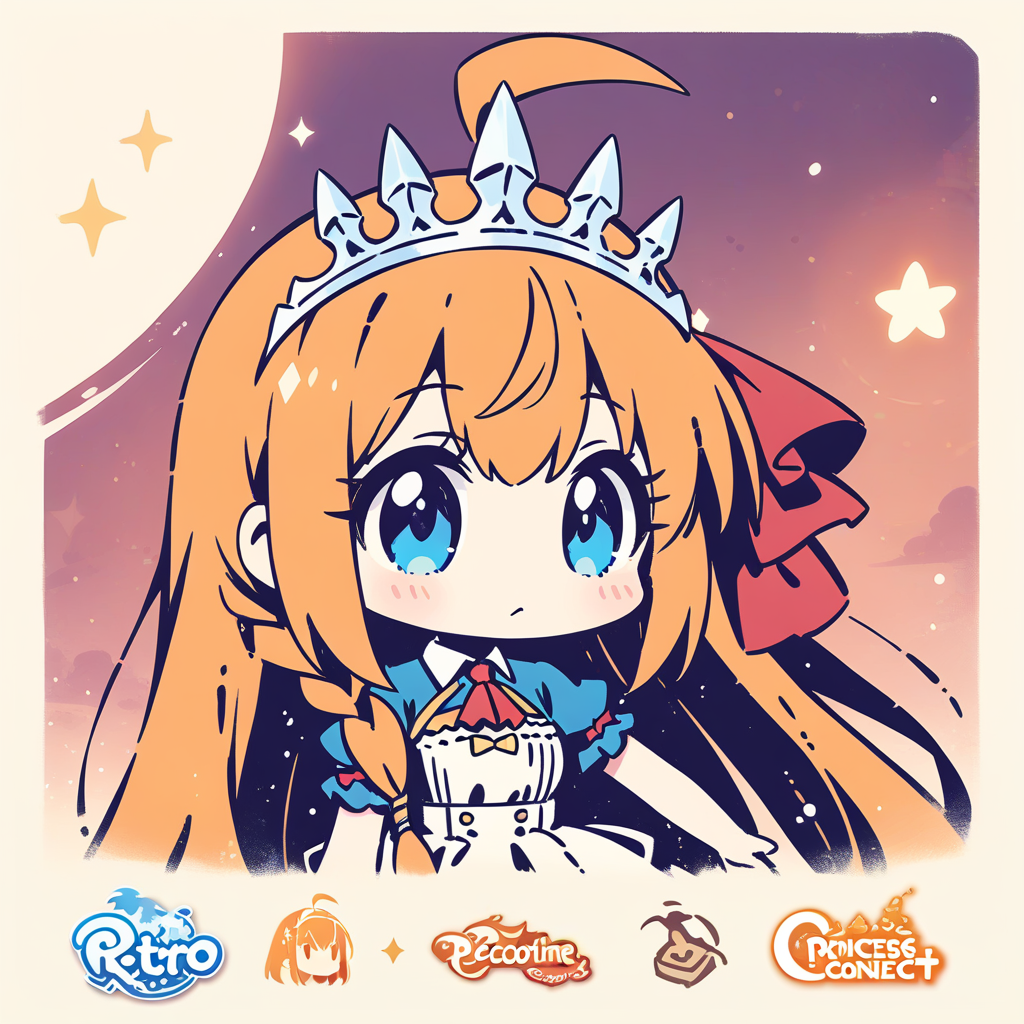 masterpiece, best quality, very aesthetic, absurdres
1girl, pecorine \(princess connect!\), long hair, orange hair, ahoge, blue eyes, tiara, chibi
<lora:stampsticker:1>, (simple retro design, logo, manga style, 2tone)