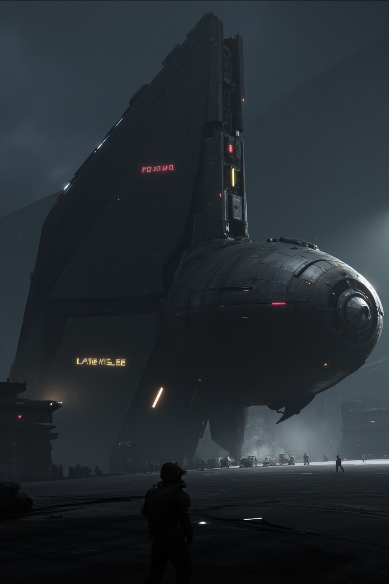 3DGame,The image portrays a futuristic scene dominated by a large,imposing spacecraft named "XSPACE," which is docked at a spaceport or a similar facility. The vessel has a dark,metallic appearance with sharp angles and a robust structure,suggesting it is designed for resilience and possibly for military or heavy-duty purposes. The spacecraft's design is intricate,with various panels,lights,and mechanical details that indicate advanced technology.,
The setting is shrouded in a mist or fog,which adds a sense of mystery and atmosphere to the scene. The lighting is dim,with some areas illuminated by artificial lights,creating a contrast between light and shadow that highlights the spacecraft's features. The environment appears to be industrial,with metal structures and platforms visible around the spacecraft.,
Several figures can be seen on the platform near the spacecraft. These individuals are small in comparison to the massive size of the ship,emphasizing its scale and grandeur. They appear to be crew members or technicians,possibly preparing for the ship's departure or conducting maintenance.,
The overall mood of the image is one of anticipation and readiness,as if the spacecraft is about to embark on a significant mission. The dark tones and the foggy atmosphere create a sense of tension and excitement,inviting viewers to imagine the adventures that await the crew of the XSPACE. The image is rich in detail and evokes a sense of wonder about the possibilities of space travel and exploration in a future setting.,