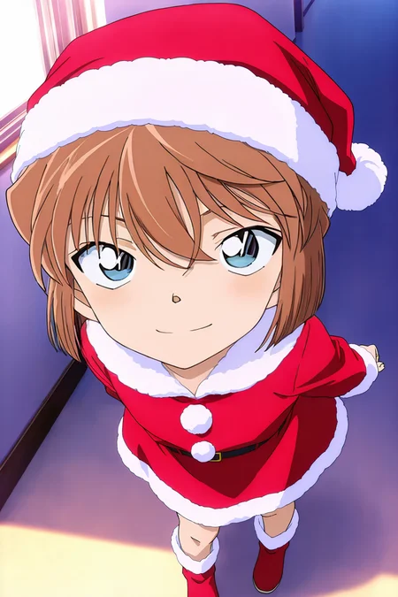 front view,
1girl,looking at viewer,santa hat,santa costume,smile,full body, 
Best quality,masterpiece,soft light,official art,high quality,highres,absurdres,epic scene,natural textures,<lora:Haibara Ai IL V2:1>,haibara ai,short hair,brown hair,blue eyes,hair between eyes,female child,
