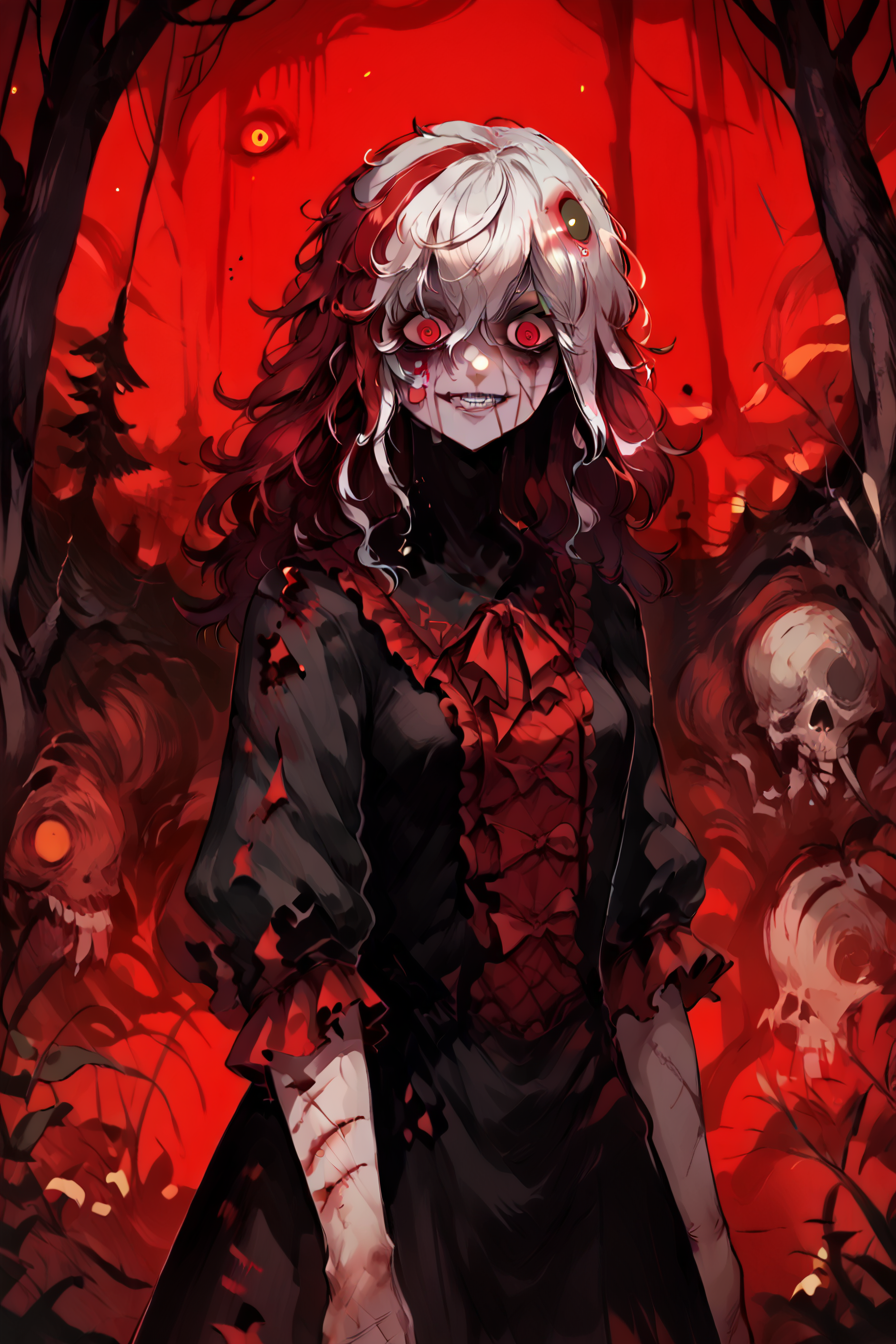 score_9, score_8_up, score_7_up, score_6_up, score_5_up, source anime, ((dark skin)), looking at viewer, realistic background, asymmetrical room, night, outdoors, cliffs, mountains, standing,  (cowboy shot), evil smile, (solo), multicolored hair, red hair, white hair, messy hair, wild hair, long hair, hair over eyes, red eye,   bloodstained hair, scar, burn scars, burned face, bloodstained dress, injured, wounded, bloody, (horror), zombie, corpses, grimdark,  <lora:f3nn3rXLP:0.9> , f3nn3r, red, black, (trippy),  <lora:h3ll1shXLP:0.9> , h3ll1sh, small breasts,  <lora:LFashionPDXL:0.8> , zzLFashion, black frilled dress, frills, bow, black dress, pantyhose,  <lora:cr33pXLP:1> , cr33p,
