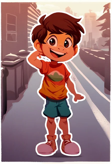 JDStyle,
, score_9, score_8_up, score_7_up, 1boy, solo, cute, happy, smiling, white outline, standing, full-length portrait, city background, short hair, eyes, shorts, shirt, shoes, street background
