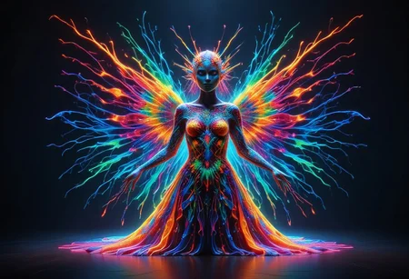 a full body fire entity with multicolored flames, professional photography of an fantastical warrior princess entirely made of cyberflies with whimsical elements, swirling magic, eerie fairytale landscape, elaborate fantasy style art, very colorful, intricate details, ultra sharp, exquisite detail, flawless composition, vivid colors, masterpiece, exciting background, TAS, TASvisuals, Psychedelic , Rave, Elaborate , Blacklight , Vibrant , cyberflies, black light paint, blp, Colorful Chaos Cracks and Drops, mad-glowtiedye, made out of,colorful,liquid,Murano Art Glass