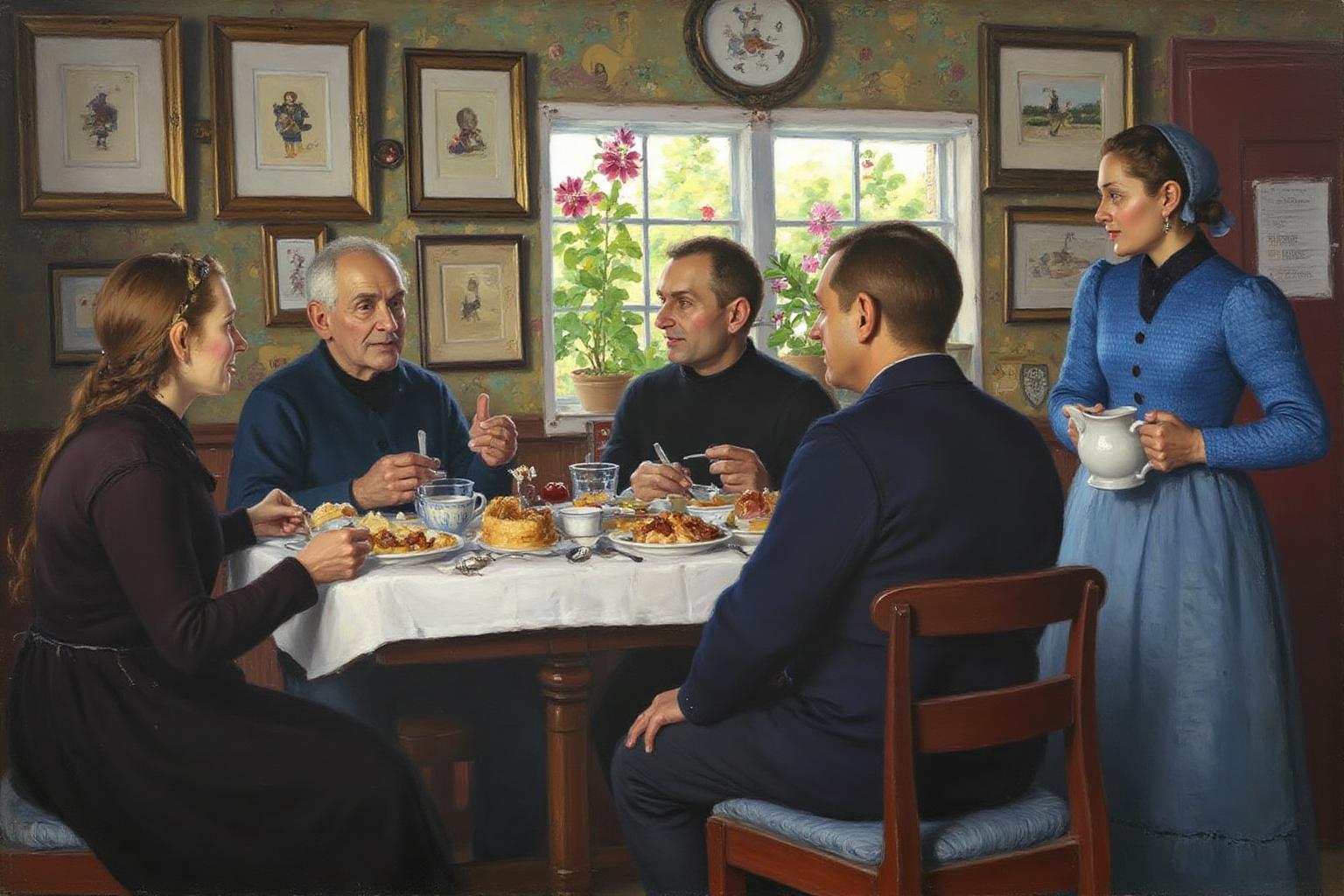 hansandersenbrendekilde1 painting.
A group of people gathered around a dinner table in a cozy room. Framed pictures hang on the walls, and a potted plant sits on the windowsill. The table is set with various dishes. A woman in a blue dress stands holding a jug, while others eat and talk. <lora:hansandersenbrendekilde1_cap_d8a4e11:1.0><lora:855167816133830933:0>
