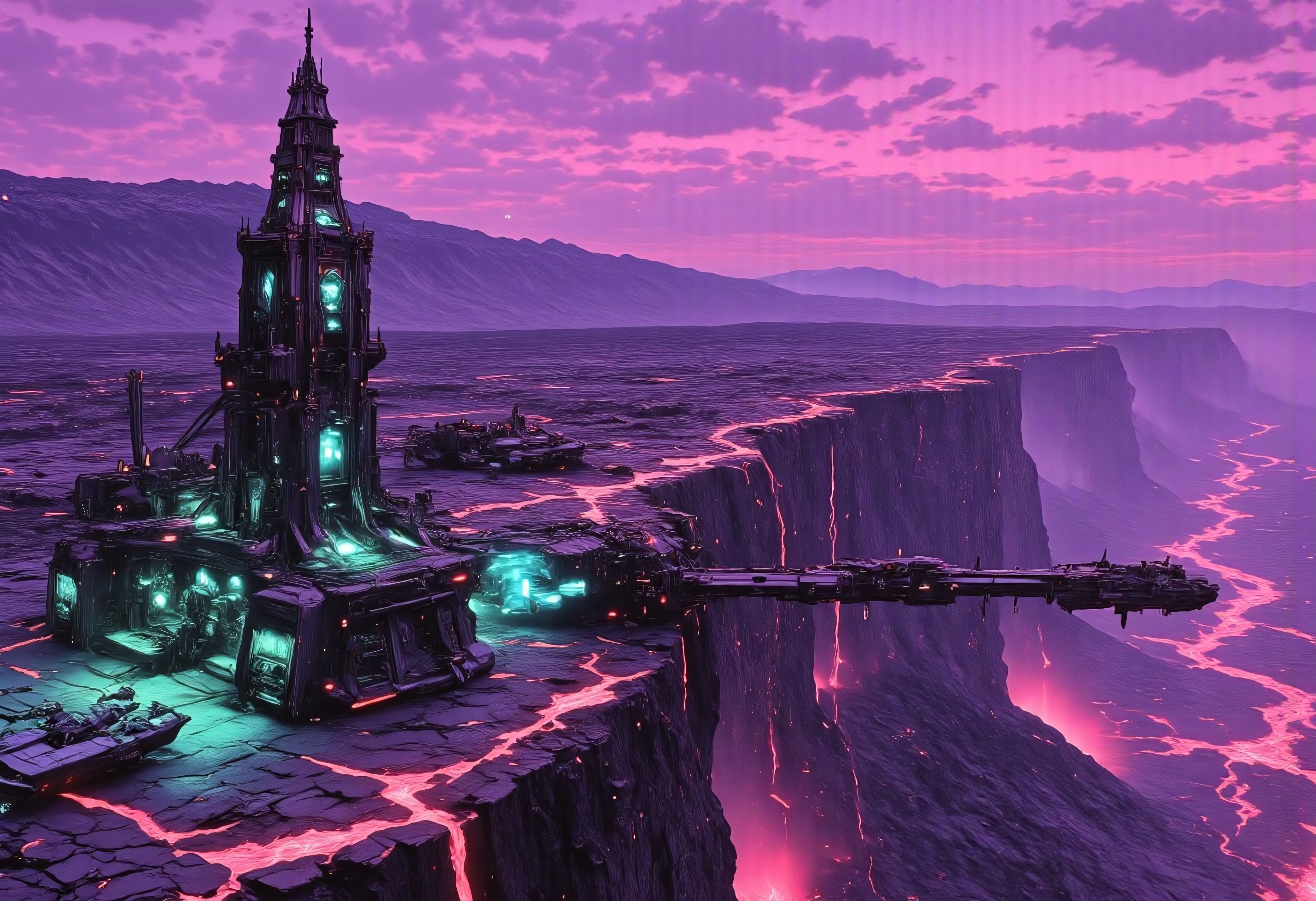 OBxiaoxiang, CAICO, inksketch purple and gray theme, Abstract digital painting in the style of ck-js, detailed photorealistic image, a sci-fi Piratebase of colossal buildings and towers in a barren lavender lush landscape, looking like an Pirate Outpost perched at the Cliff, of a volcanic cliff, its sleek towers a stark contrast to the cliffs surrounding it. The planet’s sun casts a vivid, cyan surreal light across the station, while deep fissures reveal glowing rivers of molten pink lava far below. The sky is a surreal shade of black and purple, dark glowing diodes and lights ((dark glowing diodes, lights and neon signs), Reaper Syndicate written on the neon signs), attached to the building is a landing field with 3  Spaceships landed on it, Dragonkin like creatures are around fixing some spaceships, two moons hanging low in the horizon, each reflecting light off the surface, large depth of field. The sky is a dark pink, with 2 broken moons hanging low in the horizon <lora:more_details>
realistic, detailed background, shaded, detailed, hi res, realistic, photography \(artwork\), (by kenket), by ross tran, by michael & inessa garmash, by pino daeni, by isvoc, by kiguri, by alena aenami, by ruan jia, (by zenthetiger, by wolfy-nail), by Enki Bilal, by drmax, photorealism, <lora:add_detail:1.3