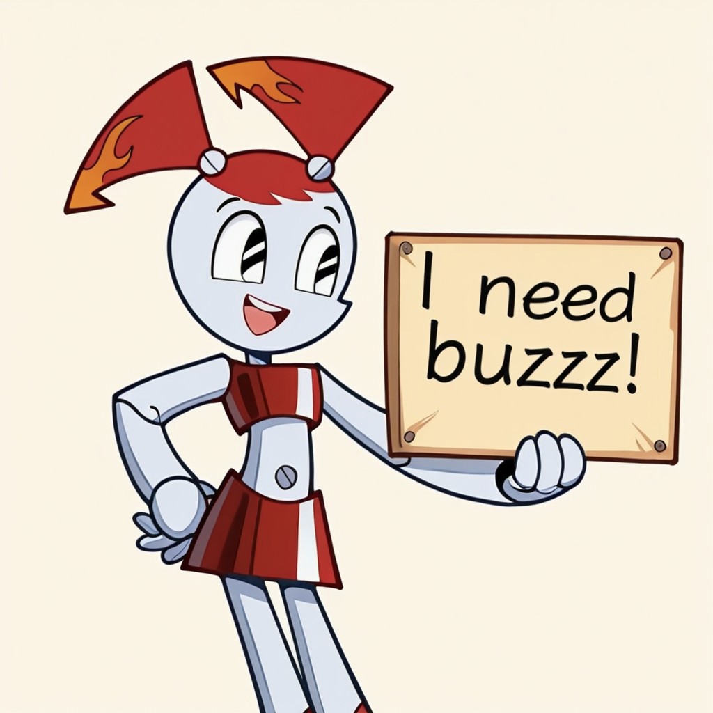 masterpiece, need_buzz, holding sign, hot rod jenny, jenny wakeman, 1girl, solo, robot joints, twintails, red hair, black eyes, red tube top, red skirt, orange flame accents, smile, open mouth, simple background