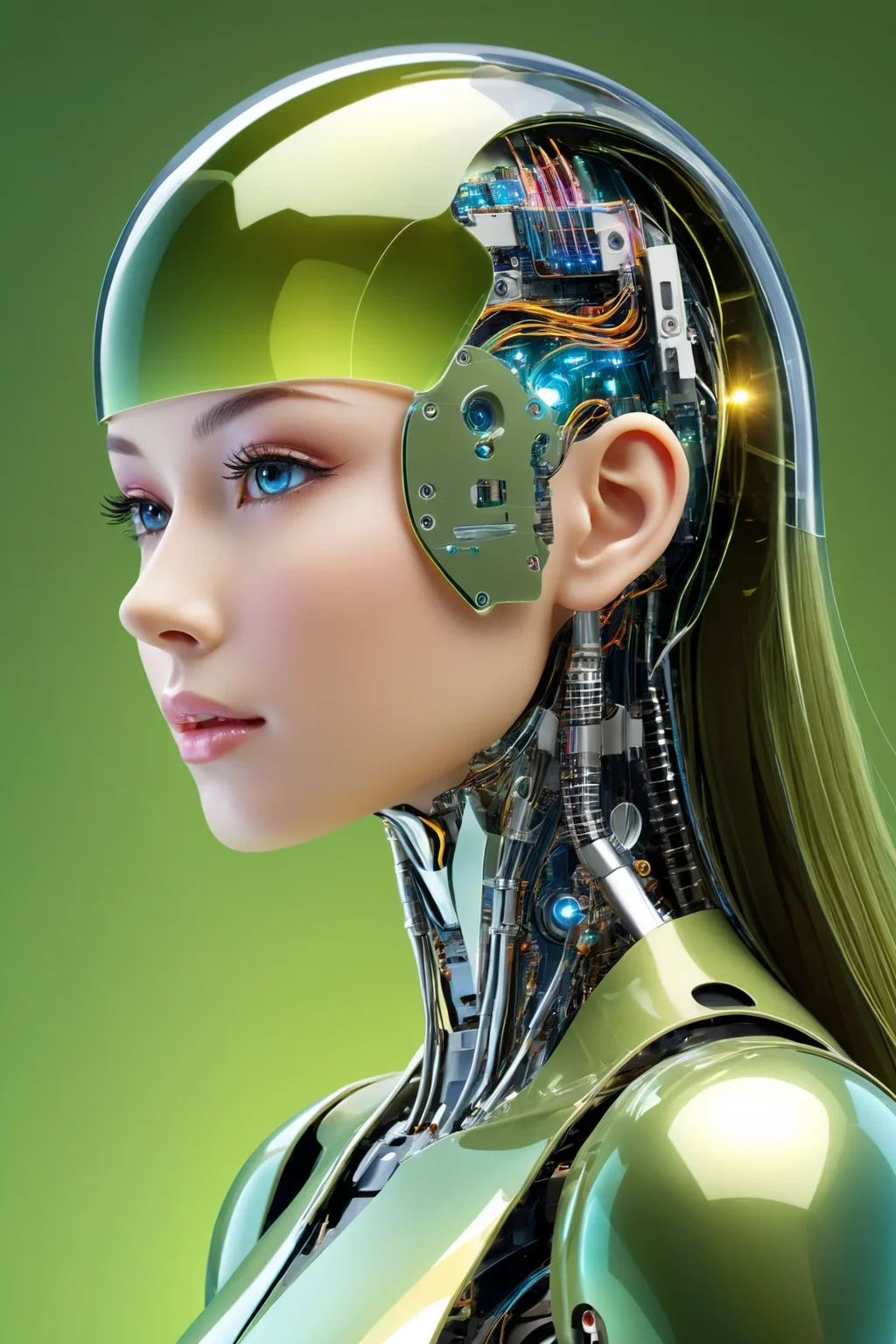 absh05 style colorful abstract <lora:Special_Constructs_absh05_style:1>,
real life
A futuristic side portrait of a humanoid robot, translucent materials, and its internal structure is clearly visible, including circuit boards and light-emitting elements, soft facial features with feminine features,
long hair and breasts, complex, points and lines, precise construction, versatility, High-tech and futuristic living concepts, cold and mechanical beauty, bio luminescence, fiber optics,
Olive background,
detailed, professional, slick, high quality, masterpiece, highres,
amazing, beautiful, breathtaking, astonishing, brilliant,