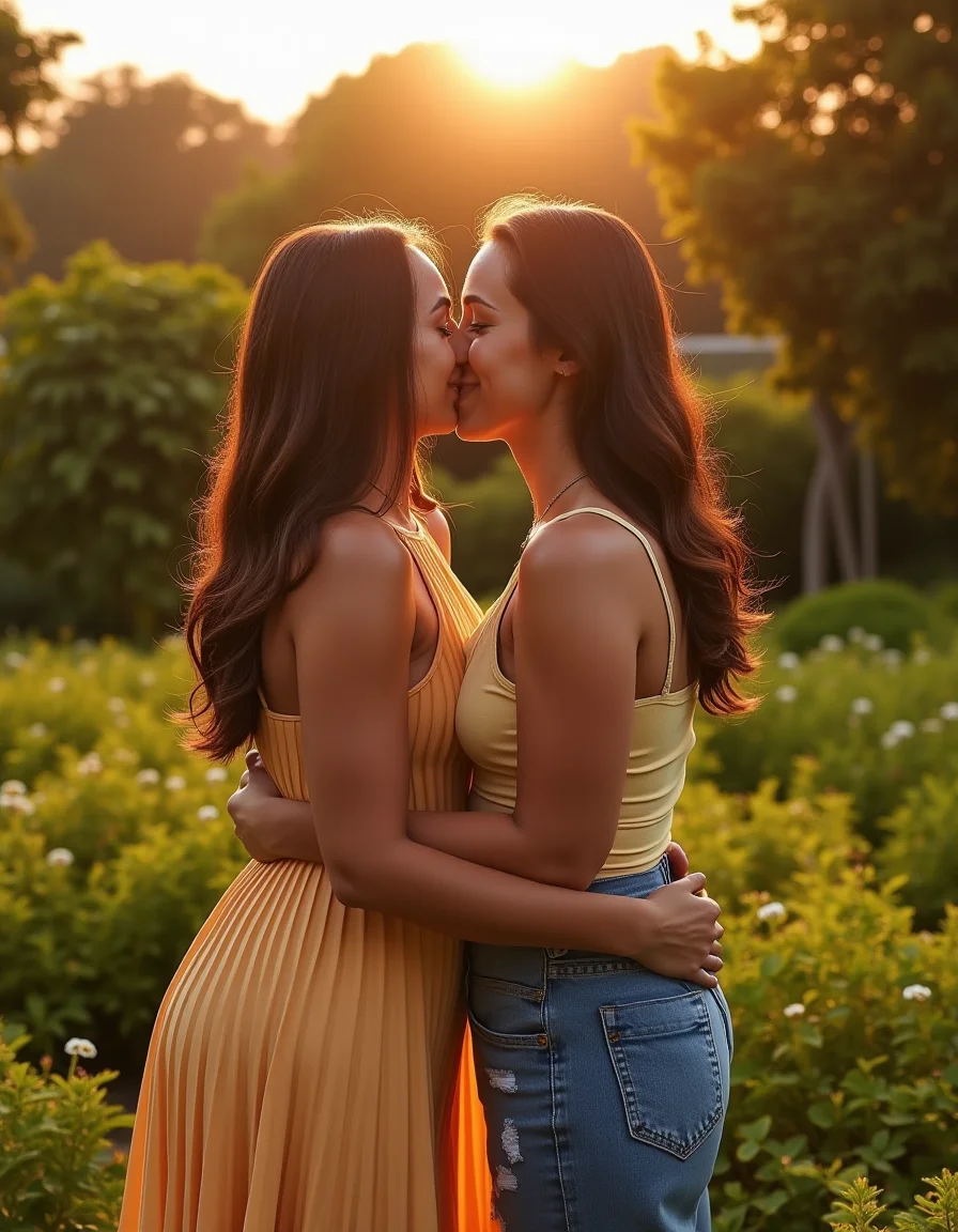 safe_pos,<lora:Lesbian Lovers (Flux):1>,two woman standing in a garden in a loving embrace on a warm summers day,