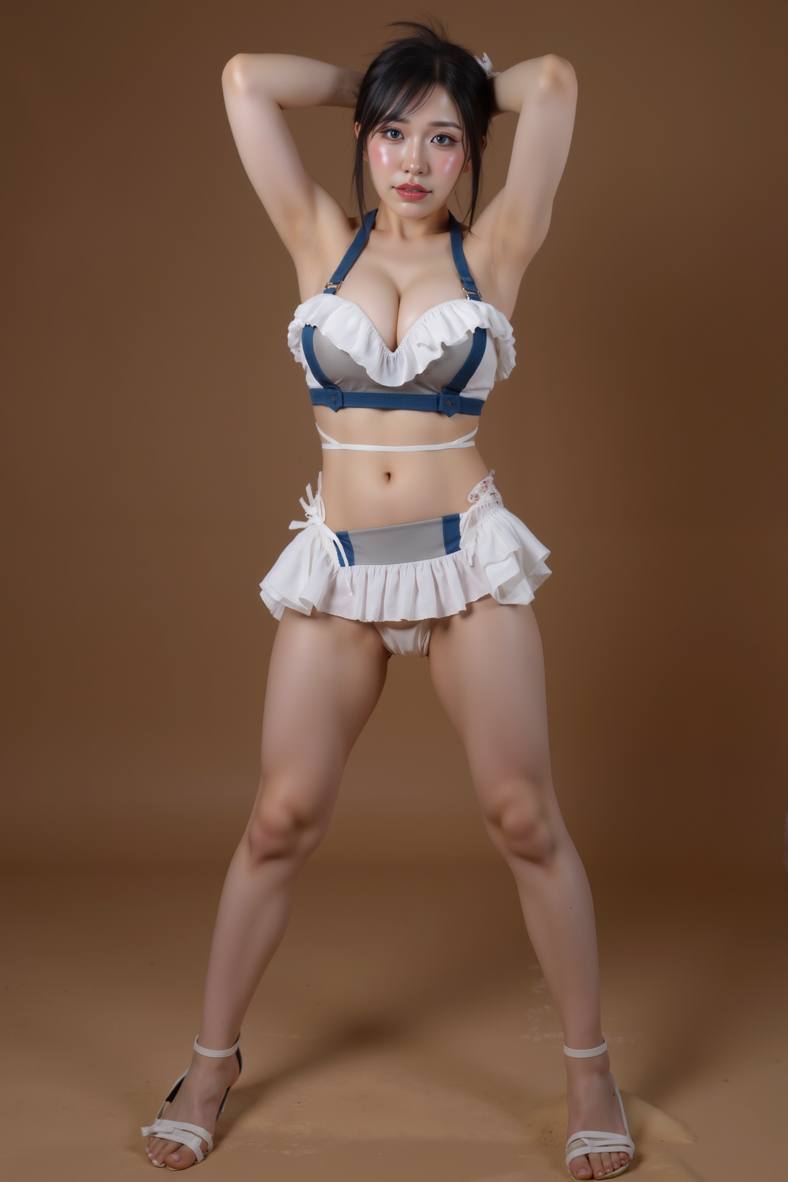 A professional, high-resolution image of a young woman is posed standing in a natural S-curve in the body silhouette. This classic posing technique creates visual interest and a sense of elegance.

She is wearing a blue and white SGWN98Clothing. Her makeup is dramatic, with dark eyeliner and bold, glossy pink lips. 

The lighting features a high-contrast, monochromatic white color scheme that creates a moody, intimate atmosphere. 

The photography technique uses what appears to be soft lighting to create a glamorous effect, with careful attention to highlighting contours while maintaining the dominant light brown color scheme throughout the frame.

The overall aesthetic combines elements of fashion photography, traditional Asian visual motifs, and contemporary boudoir styling. The dramatic light brown lighting creates a cohesive visual theme that ties all elements of the composition together.

The white light emit on her to show her feature.